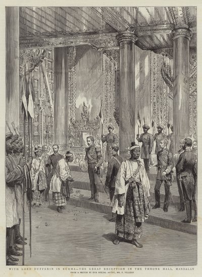 Mit Lord Dufferin in Burma, der große Empfang im Thronsaal, Mandalay von Frederic Villiers